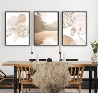 3* Poster mit verschiedenen Rahmenfarben aus Holz. Kunstdruck mit Abstrakte Formen und Landschaf